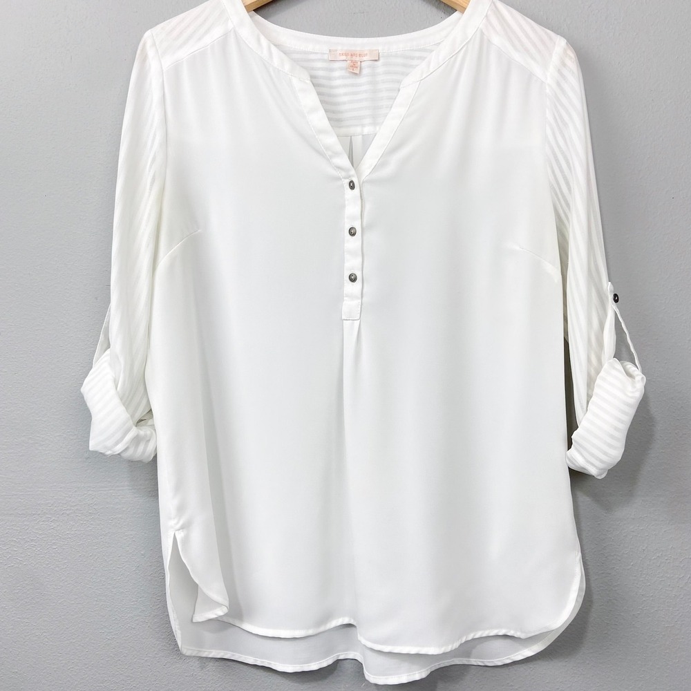 Skies are Blue Ivory Blouse Size L Striped Roll Tab Sleeve Minimalist Basics Top